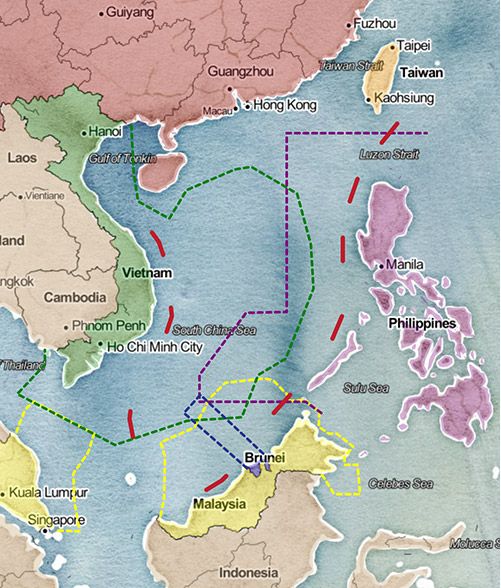 Kapal militer di Laut Cina Selatan dengan peta wilayah sengketa